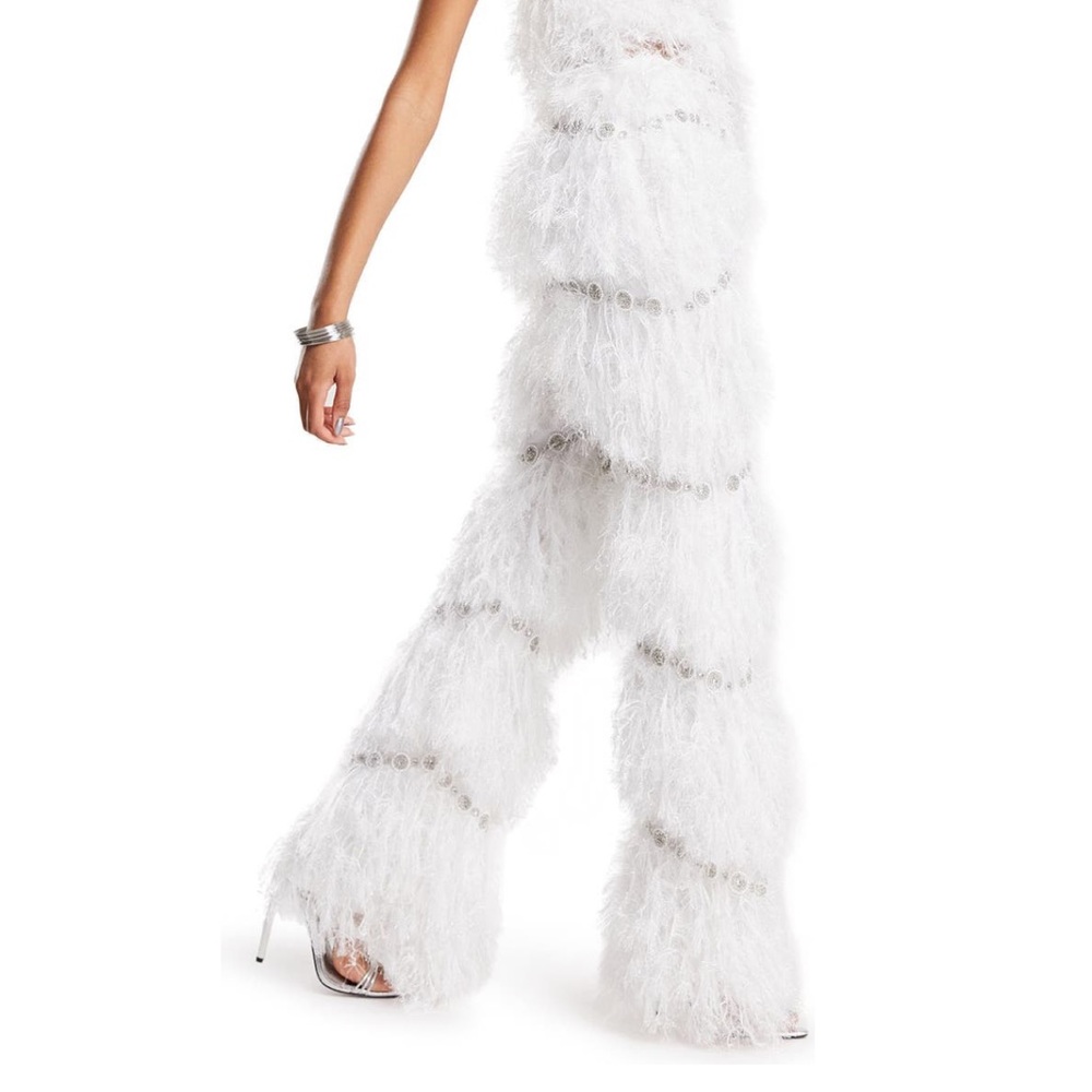 ASOS LUXE Faux Feather Pants w Embellishment NWT White - Picture 3 of 7